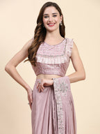 Pink Silk Satin Solid Ready to wear Saree with stitched Blouse - Satiksha