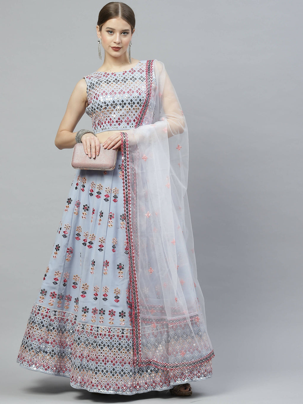 Sky Blue Georgette Heavy Embroidery mirror Work Lehenga Choli with Dupatta - Jivika