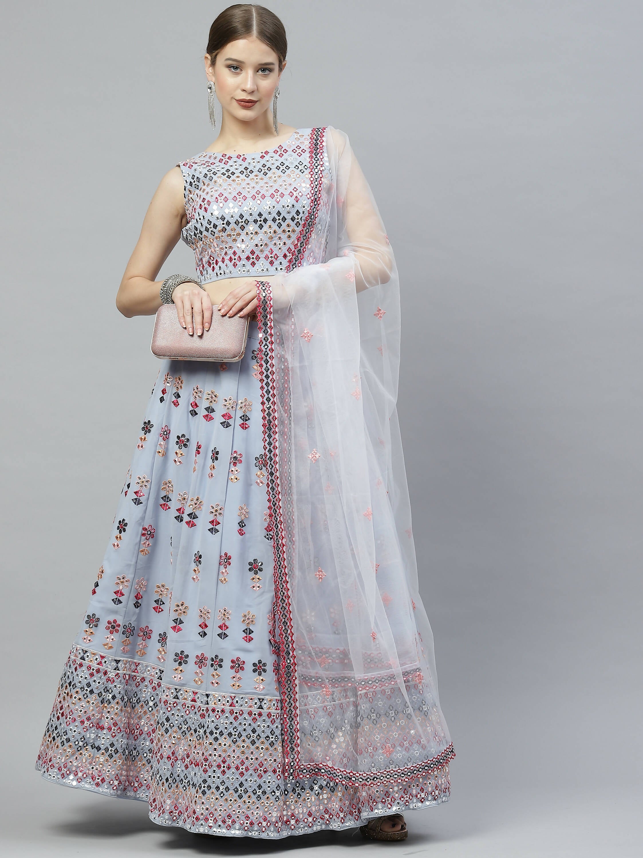 Sky Blue Georgette Heavy Embroidery mirror Work Lehenga Choli with Dupatta - Jivika