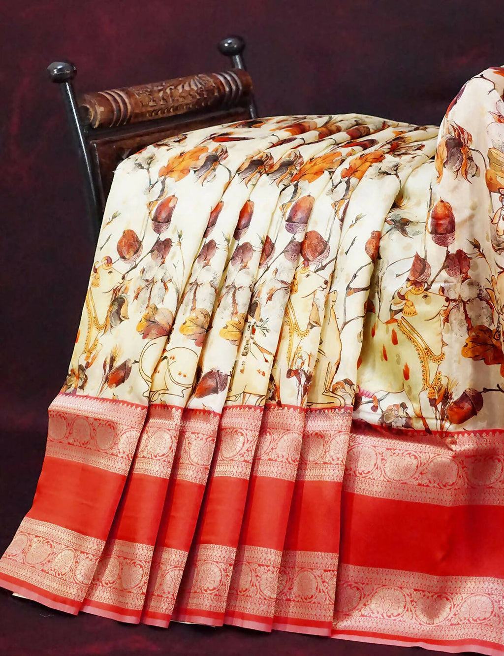 Milk White Banaras Border Pichwai Design Banarasi Semi Silk Saree By Gayathri Reddy Designer Studio