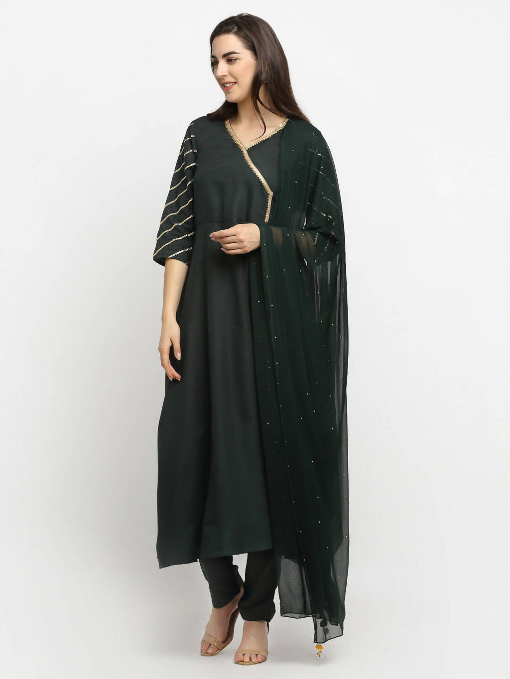 Rudra Bazaar Green Angrakha Style Flared Anarkali Kurta with Pyjamas & Dupatta - Distacart