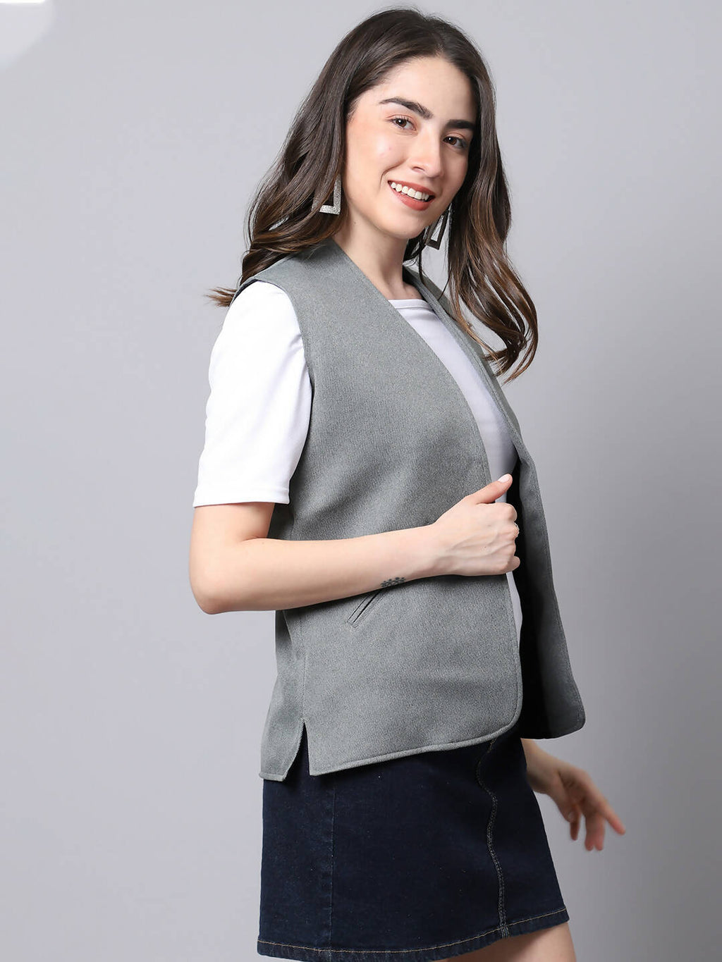 Even Apparels Grey Polyblend Open Front Women's Waistcoat - Distacart