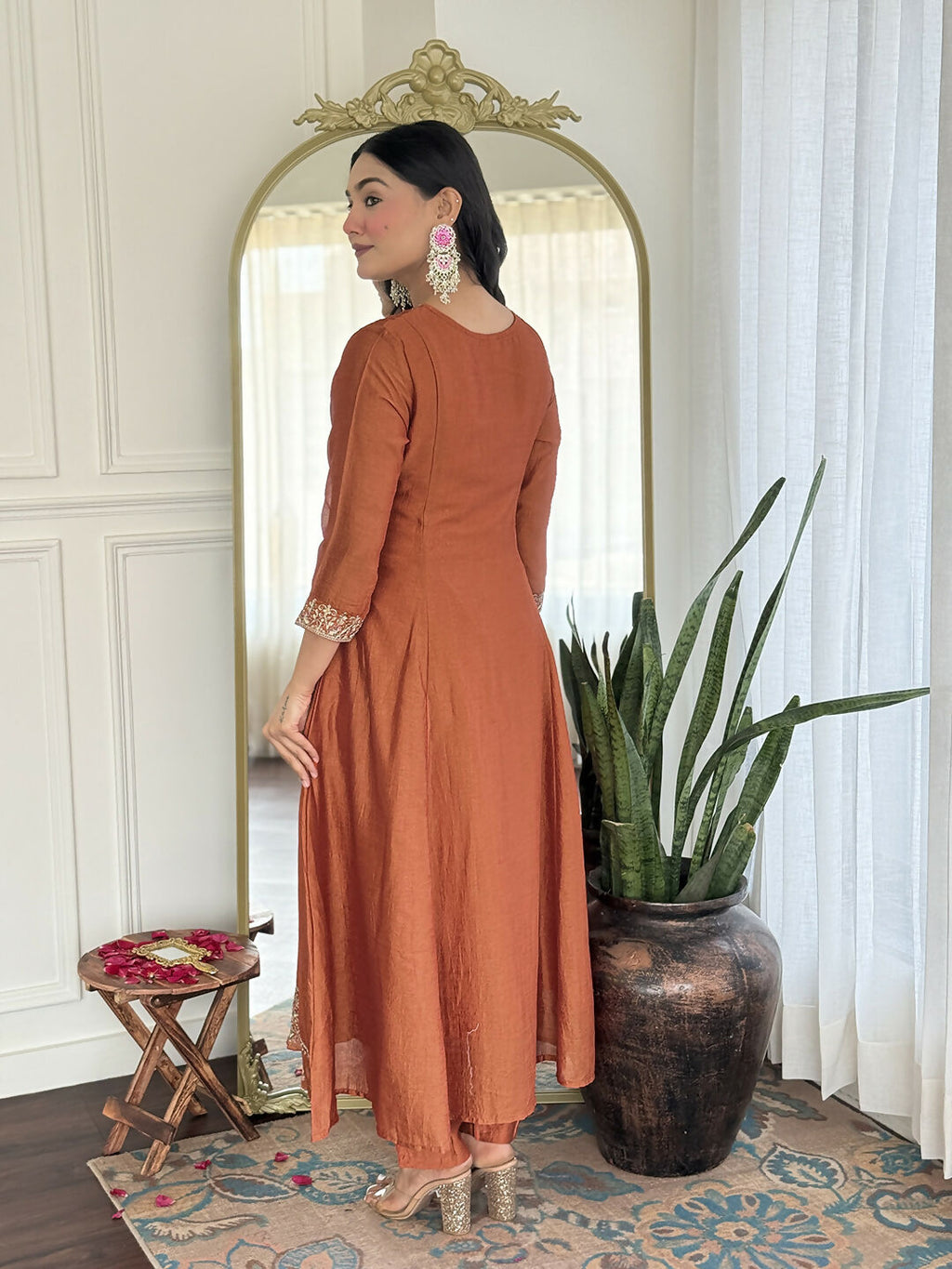 The52 Rust Women's Gorgeous Embroidered Vichitra Silk Fabric Flared Kurta, Pant and Dupatta Set - Distacart