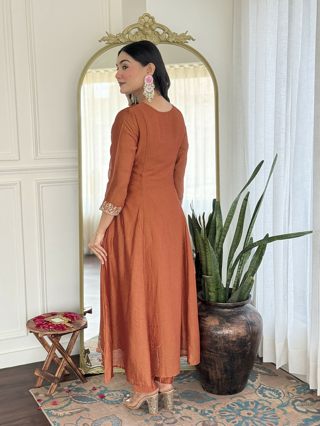 The52 Rust Women's Gorgeous Embroidered Vichitra Silk Fabric Flared Kurta, Pant and Dupatta Set - Distacart