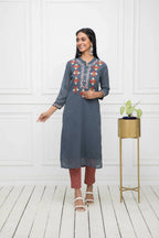 Myshka Women Solid Georgette Straight V-Neck Grey Kurtas - Distacart