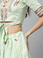 Pista Cotton Embroidered Work Lehenga Choli with Dupatta - Jivika