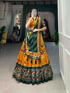 Vastranavya Traditional Ikkat Patola Print Tussar Silk Lehenga Choli - Mustard
