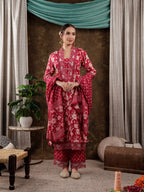 Yufta Hot Pink Floral Print Pure Cotton Beads Straight Kurta Dupatta Set With Lace Detailing