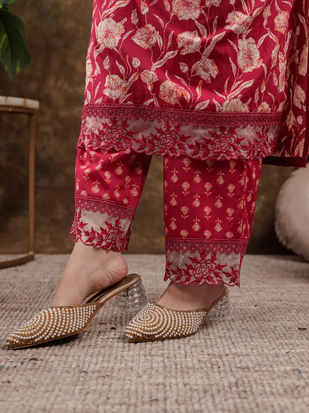 Yufta Hot Pink Floral Print Pure Cotton Beads Straight Kurta Dupatta Set With Lace Detailing