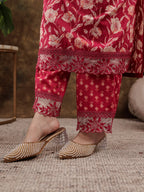 Yufta Hot Pink Floral Print Pure Cotton Beads Straight Kurta Dupatta Set With Lace Detailing