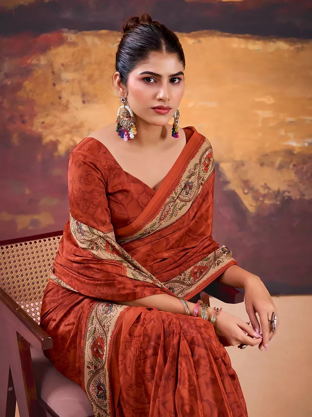 Vastranavya Orange Crepe Printed Saree with Unstitched Blouse - Distacart