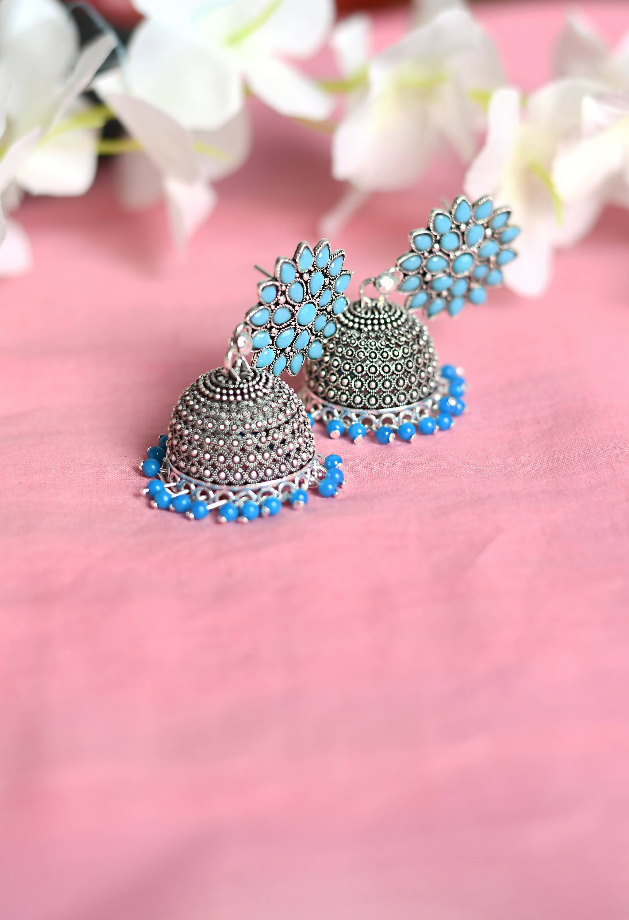Mominos Fashion Joharkamal Kundan work Jhumka with Sky Blue Beads - Distacart