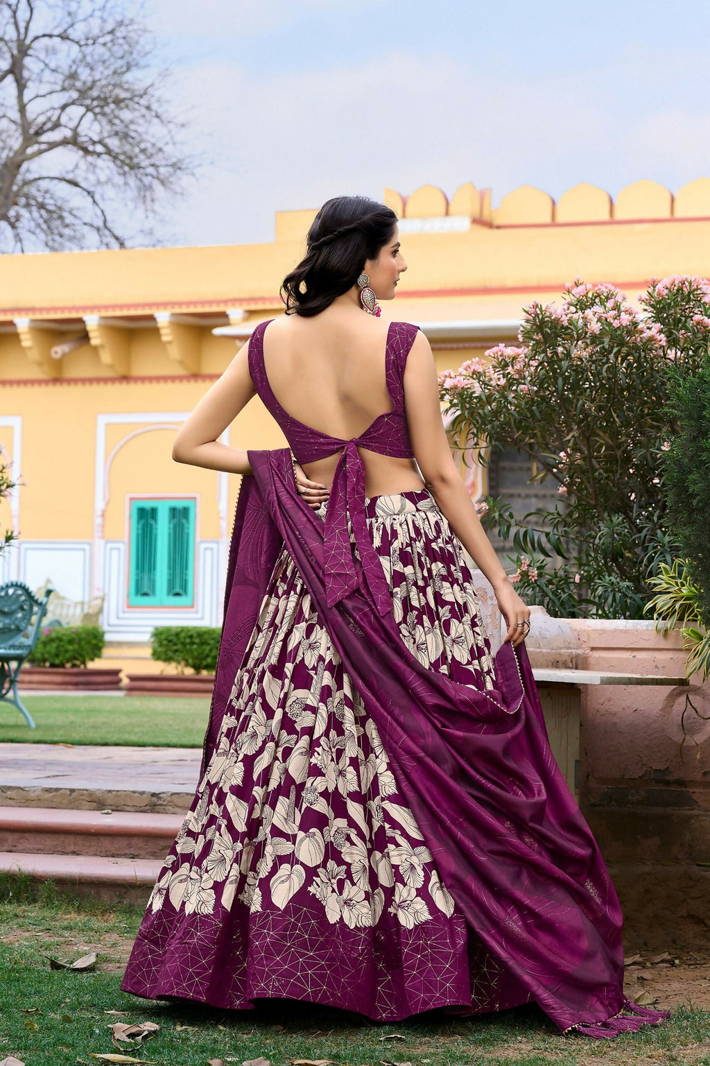 Vastranavya Ethnic Look Tussar Silk Floral Printed With Foil Work Indian Lehenga Choli - Wine