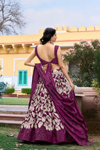 Vastranavya Ethnic Look Tussar Silk Floral Printed With Foil Work Indian Lehenga Choli - Wine