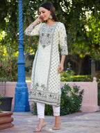 Juniper Women's Green Rayon Staple Kalamkari Floral Placement Printed Kurta - Distacart