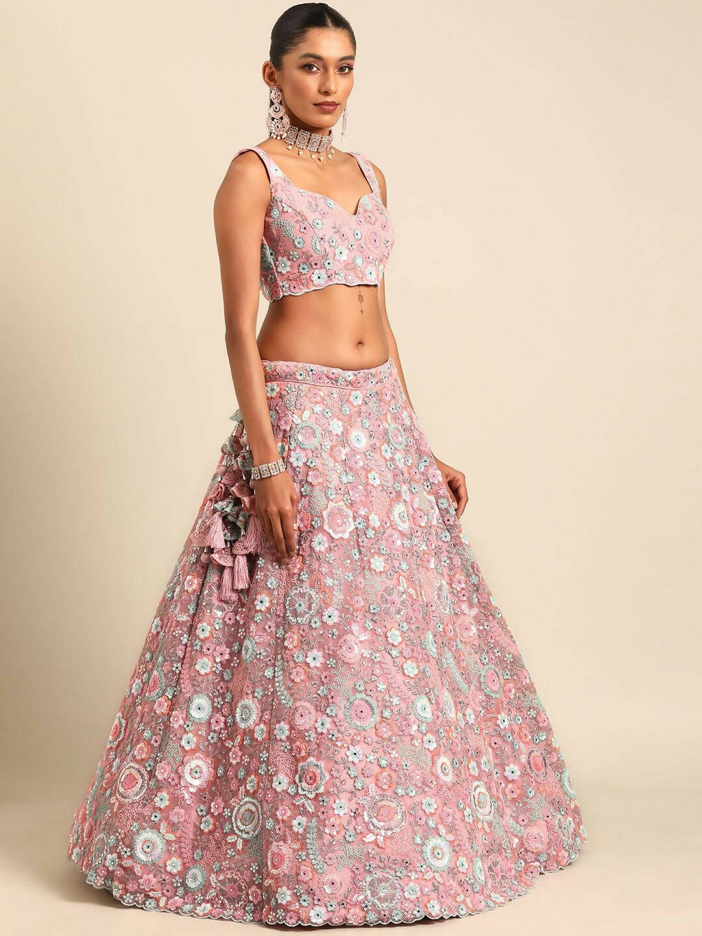 House of Panchhi Pink Net Sequins, Mirror and thread embroidery Lehenga choli & Dupatta