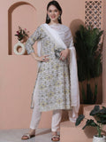 Jyoti Fashion Women's Off White Cotton Floral Digital Printed Kurta with Trouser & Dupatta
