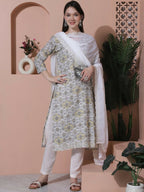 Jyoti Fashion Women's Off White Cotton Floral Digital Printed Kurta with Trouser & Dupatta