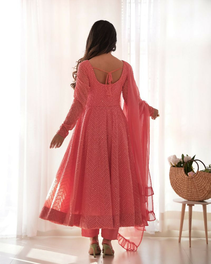 Joban Fashion Peach Kurta Set Georgette Sequence Embroidery Work - Distacart