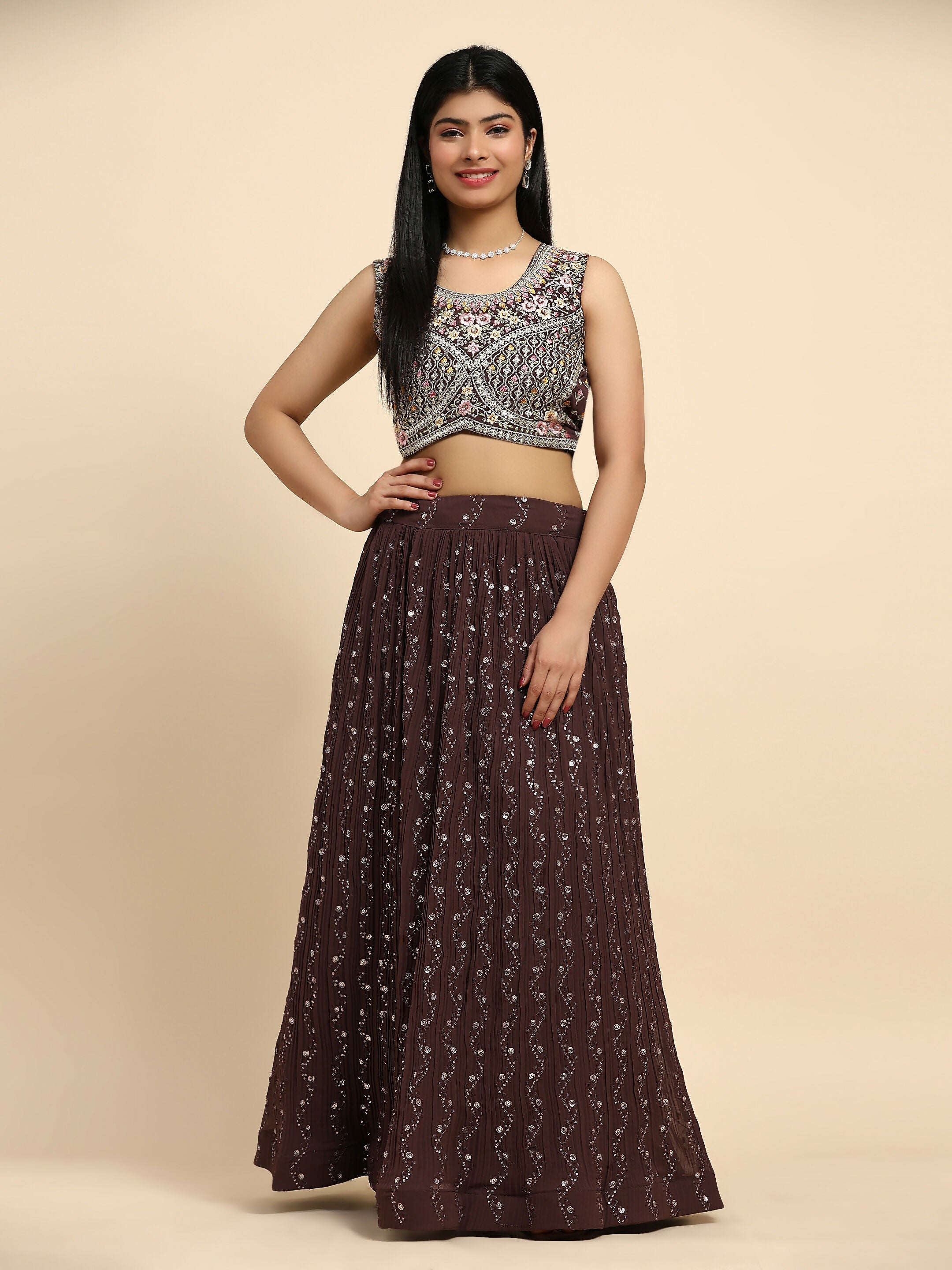 Brown Georgette Embroidered Lehenga choli with Dupatta - Dhara