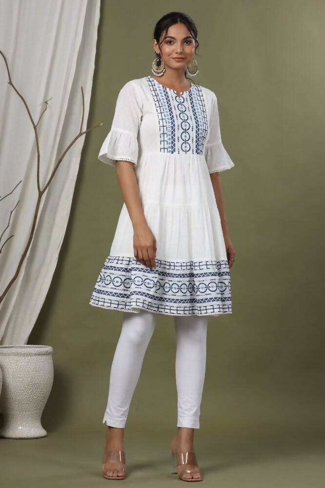 Juniper White Cotton Dobby Festive Embroidered Tiered Dress For Women - Distacart