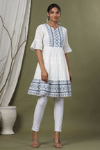 Juniper White Cotton Dobby Festive Embroidered Tiered Dress For Women - Distacart