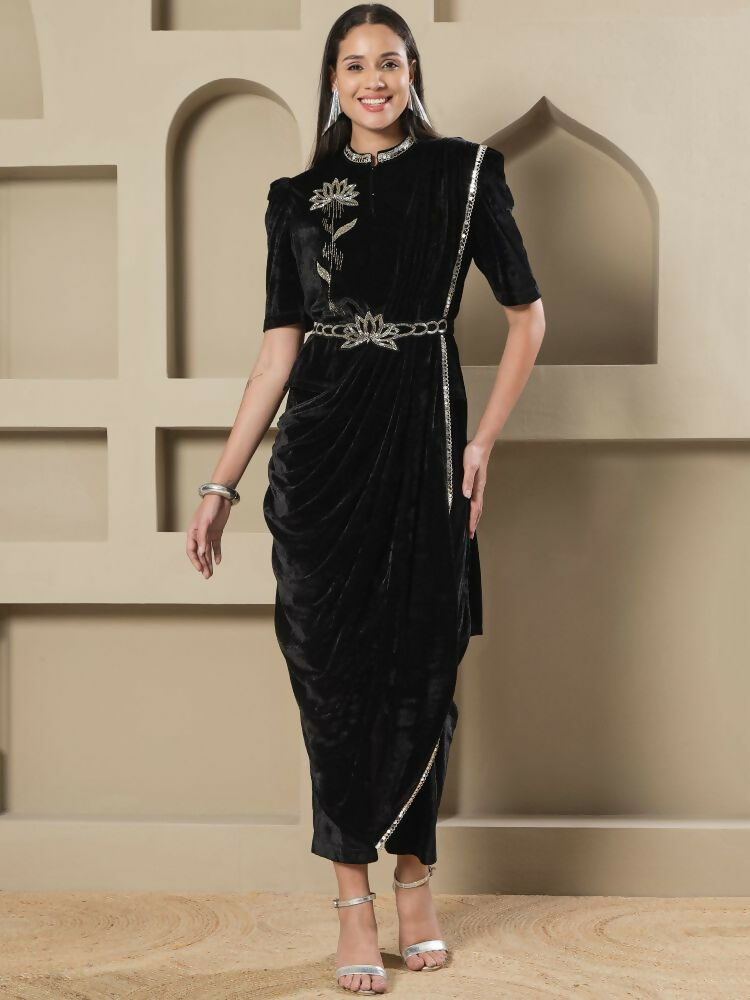 Joban Fashion Women Black Velvet Hand Embellishment Stitched Kurta Set - Distacart
