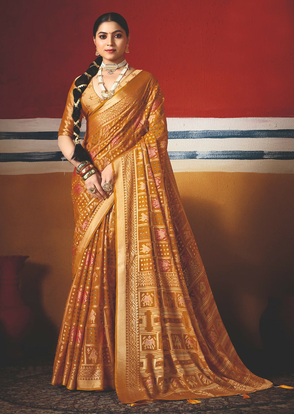 Joban Fashion Yellow Dull Moss Brasso Saree - Distacart