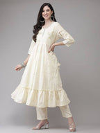 Yufta Women Cream-Embroidered Pure Cotton A-line Kurta with Trouser and Dupatta