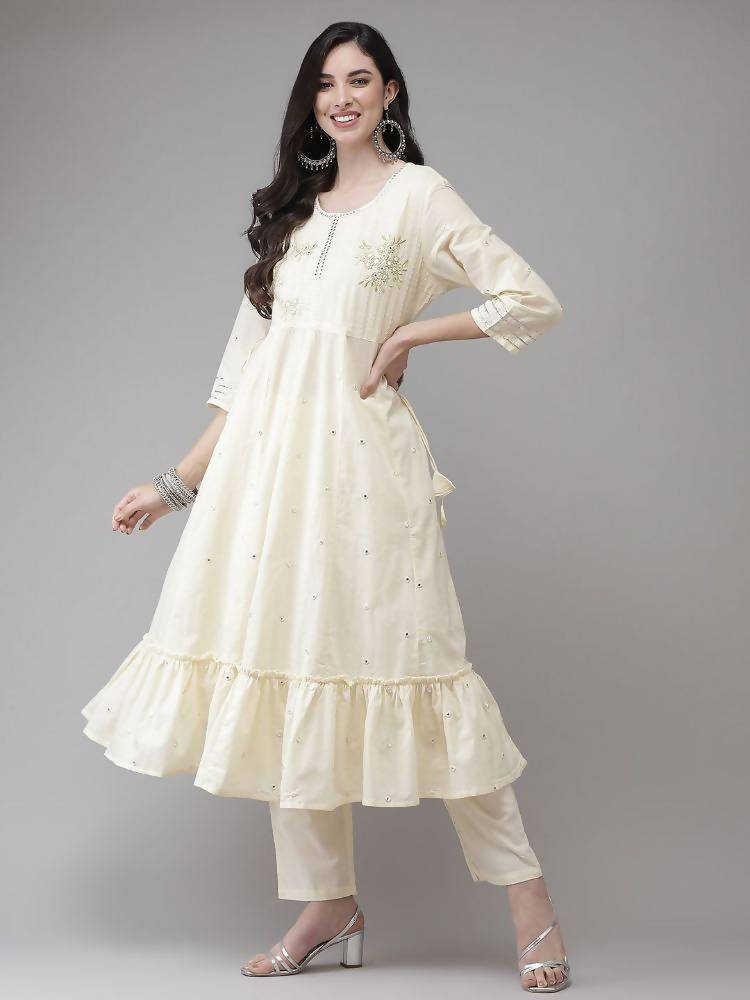 Yufta Women Cream-Embroidered Pure Cotton A-line Kurta with Trouser and Dupatta