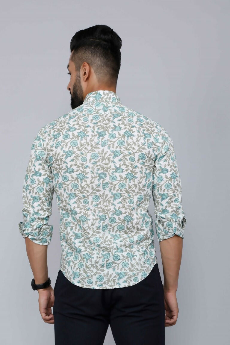 Miravan Men's Spread Collar White & Green Floral Print Slim Fit Shirt