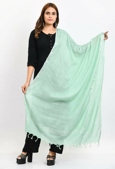 Mominos Fashion Moeza Women's Linen Cotton Silver Border Pista Green Dupatta