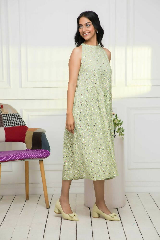 Myshka Women Ethnic Motifs Rayon A-Line Round Neck Green Dress - Distacart