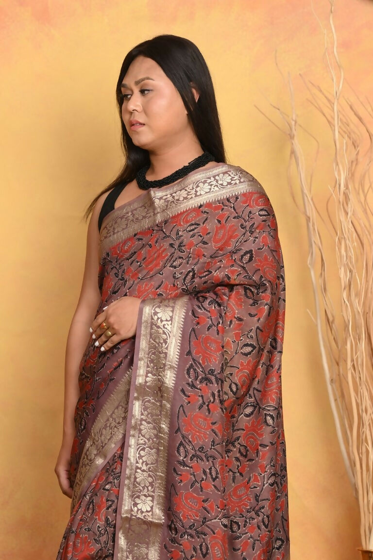 Very Much Indian Modal Silk Ajrakh Handblock Printed Natural Dyes With Designer Border Saree - Maroon