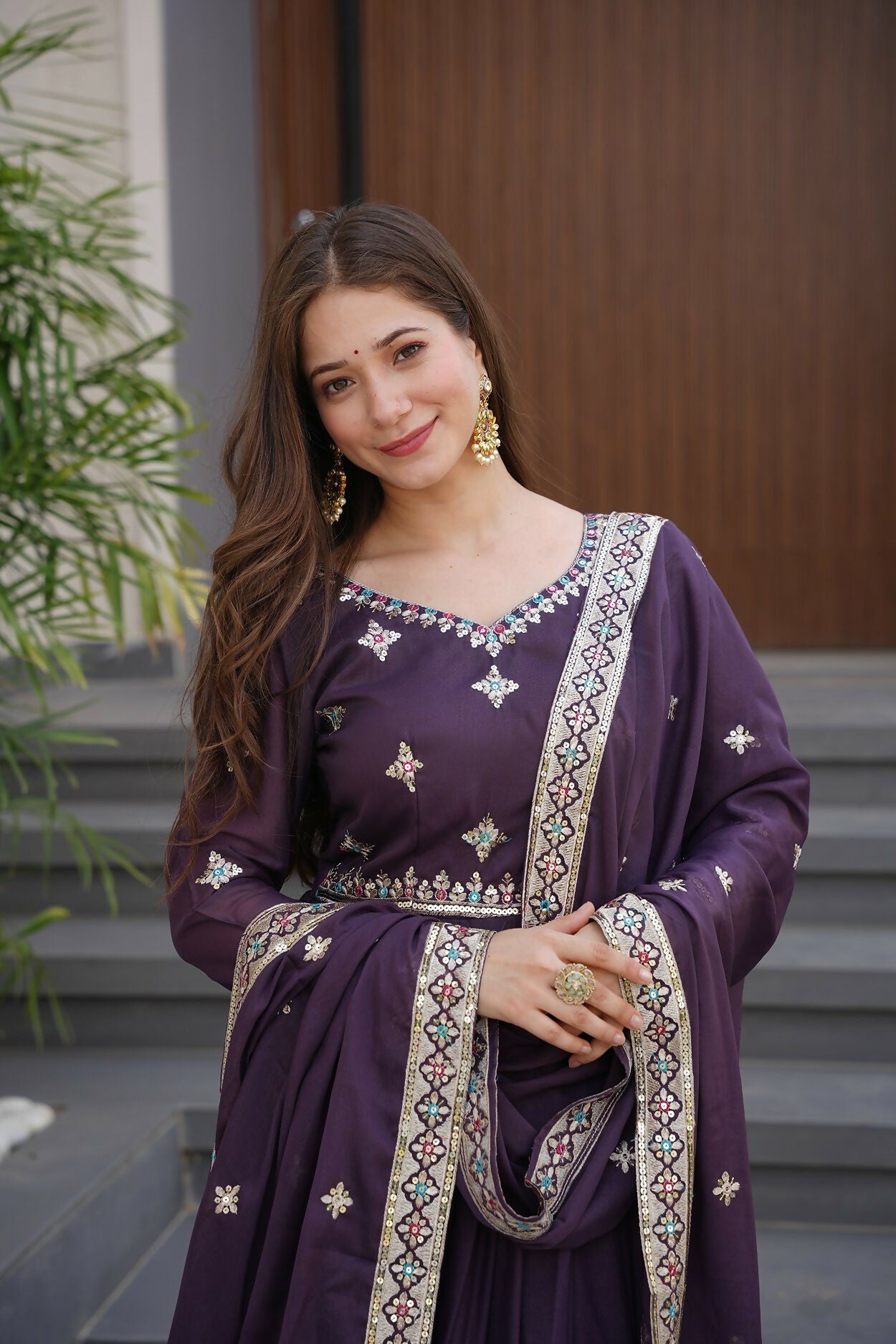 Teeya Creation Violet Color Pure Diamond Silk Wedding Wear Long Gown - Distacart