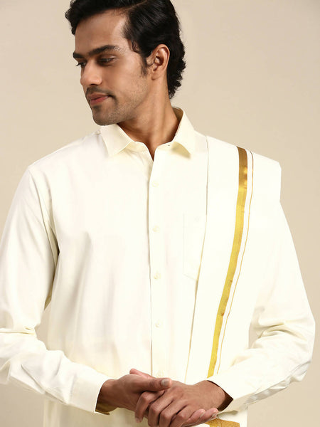 Ramraj Cotton Premium Wedding Cream Regular Dhoti, Shirt & Towel Set Golden Reward