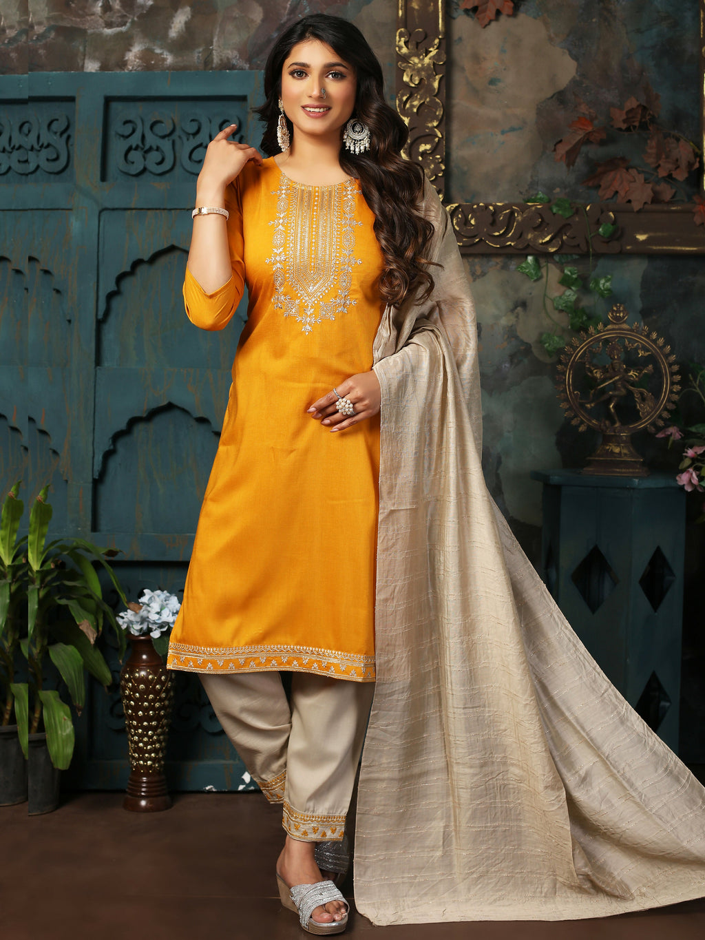 Vamika Chinon Embroidery Mustard Party Wear/Casual Wear/Office Wear Kurta Set/Suit