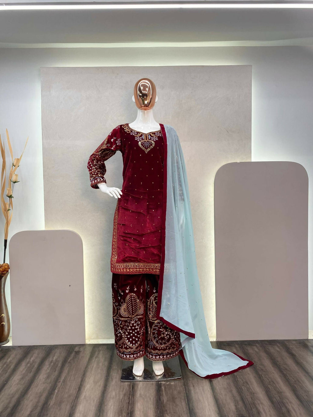 Vastranavya Maroon Viscose Velvet Cording Sequence Embroidery Work Suit With Dupatta - Distacart