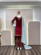 Vastranavya Maroon Viscose Velvet Cording Sequence Embroidery Work Suit With Dupatta - Distacart