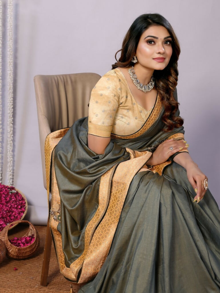 Olive Tusser Silk Resham Cord And Sequins Embroidery Handwork Butta Saree - Norita Saumya