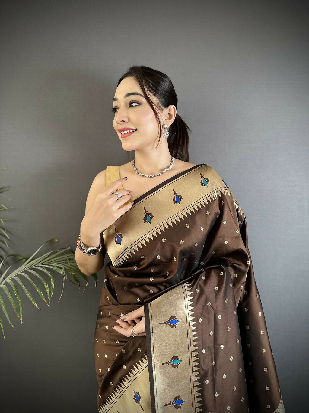 Joban Fashion Brown Peacock & Floral Motifs Soft Lichi Silk Kanchipuram Saree - Distacart