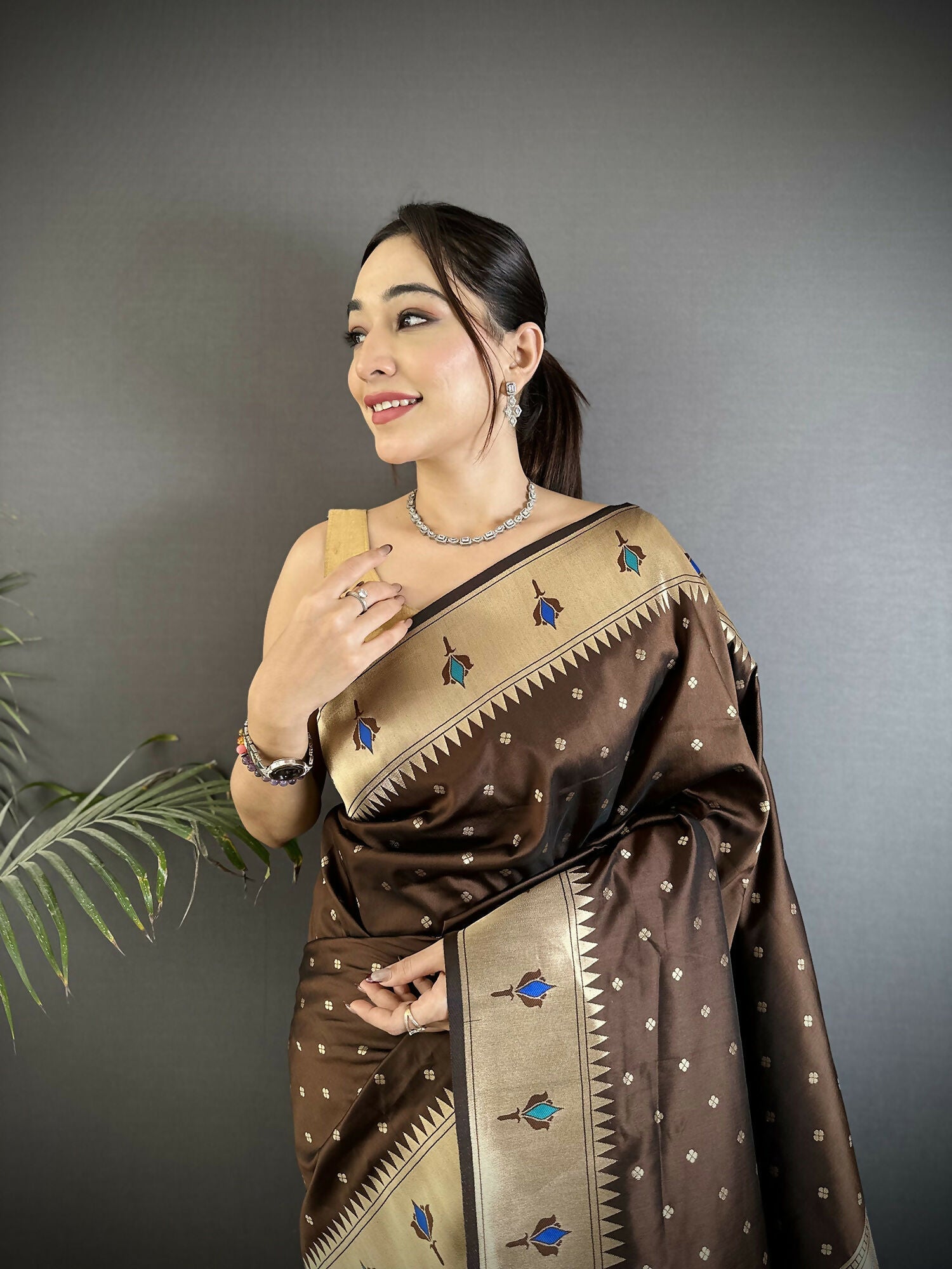 Joban Fashion Brown Peacock & Floral Motifs Soft Lichi Silk Kanchipuram Saree - Distacart