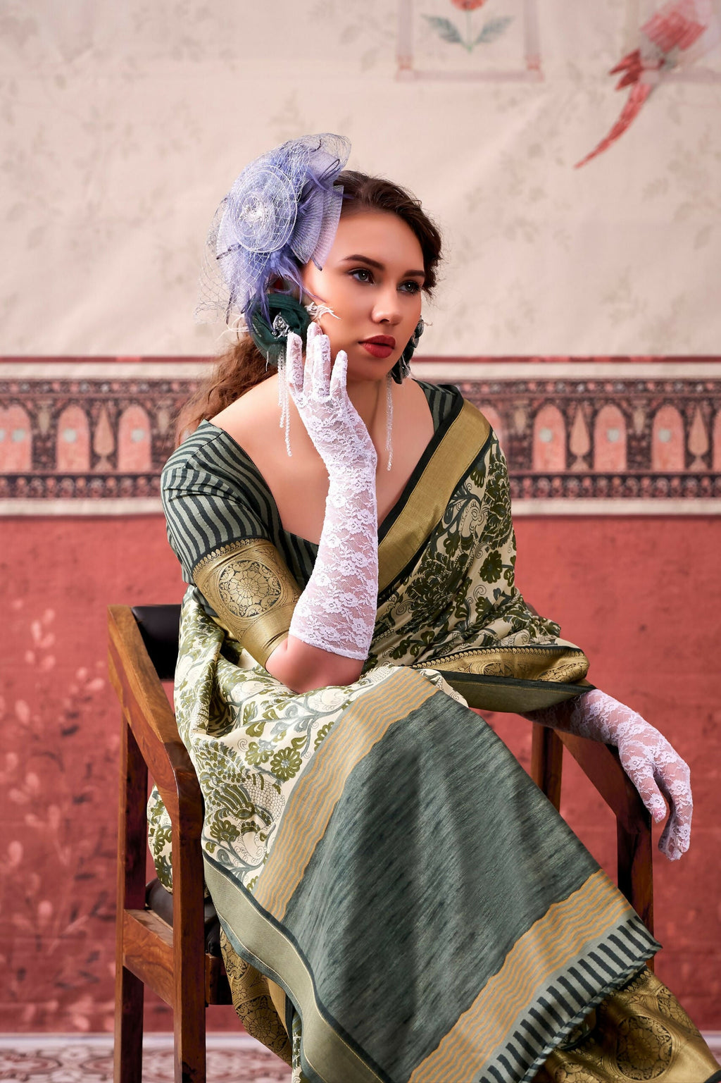 Vastranavya Mehendi Tussar Silk Printed with Viscose Border Saree & Unstitched Blouse - Distacart