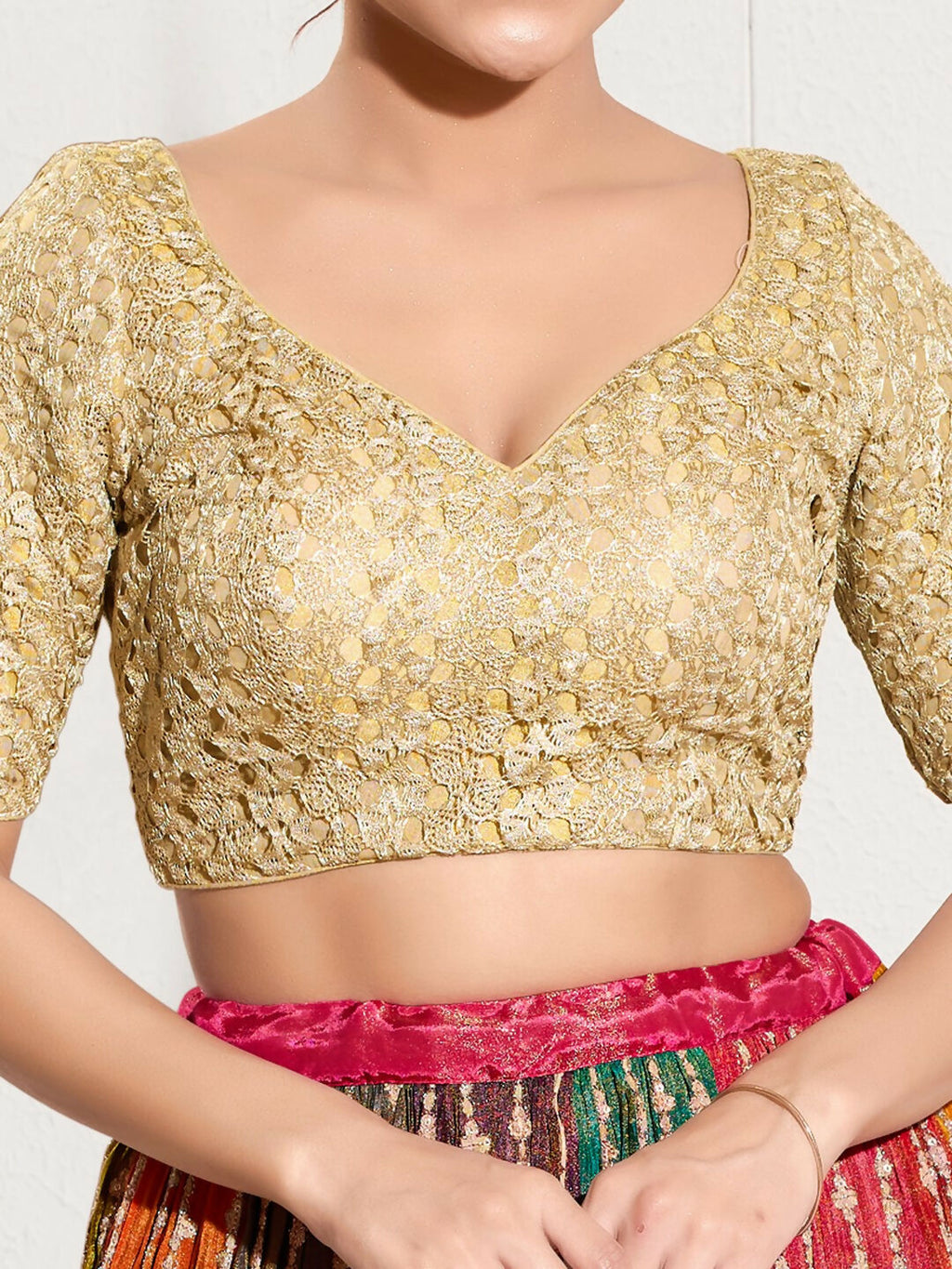 Joban Fashion Gold Crochet Padded Blouse With Sweetheart Neck Elbow Sleeves - Distacart