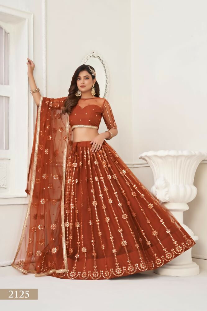 Aastha Fashion Brown Butterfly Net Tone To Tone Thread Work And Mirror Work Embroidery Wedding Wear Lehenga Choli