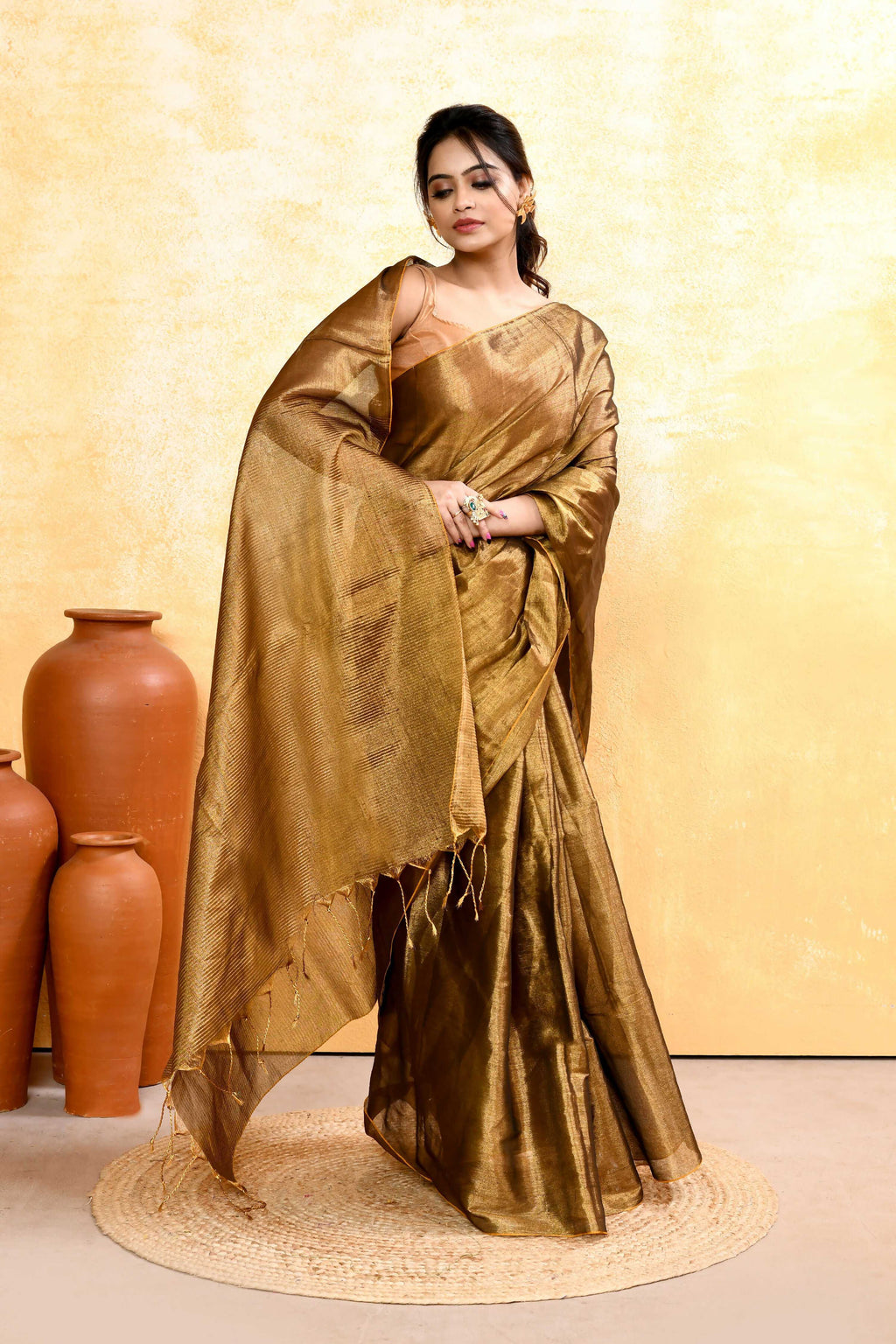 Piyari Fashion Women's Gold Dual Tone Organic Tissue Saree With Blouse Piece - Distacart