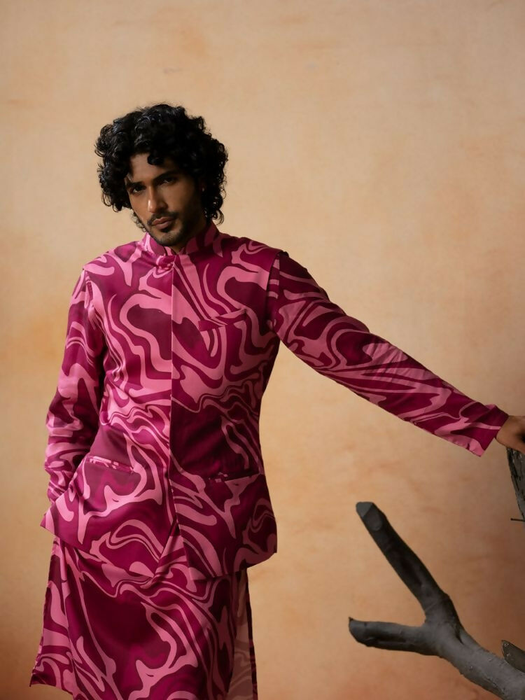 Abstract Marble Print Cotton Nehru Jacket Set by Hilo Design