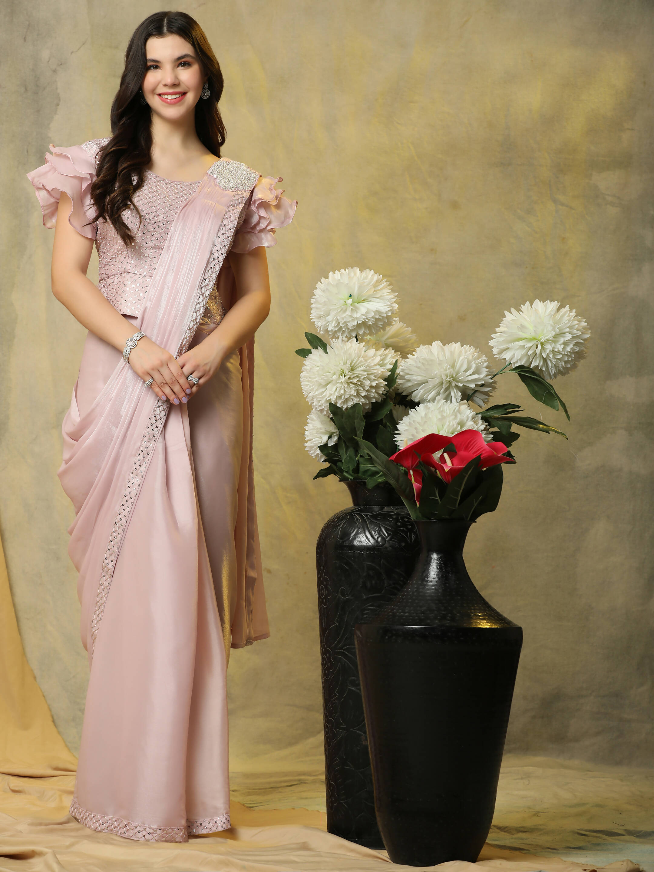 Light Pink Silk Satin Sequence Work Ready to Wear Saree with stitched Blouse - Nirvana