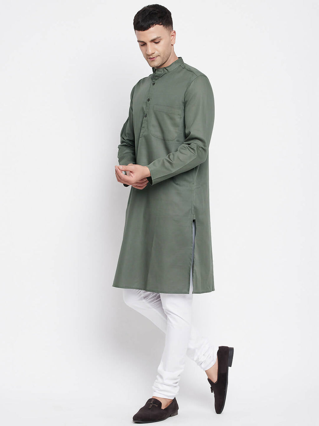 Even Apparels Green Color Linen Men's Kurta With Band Collar - Distacart