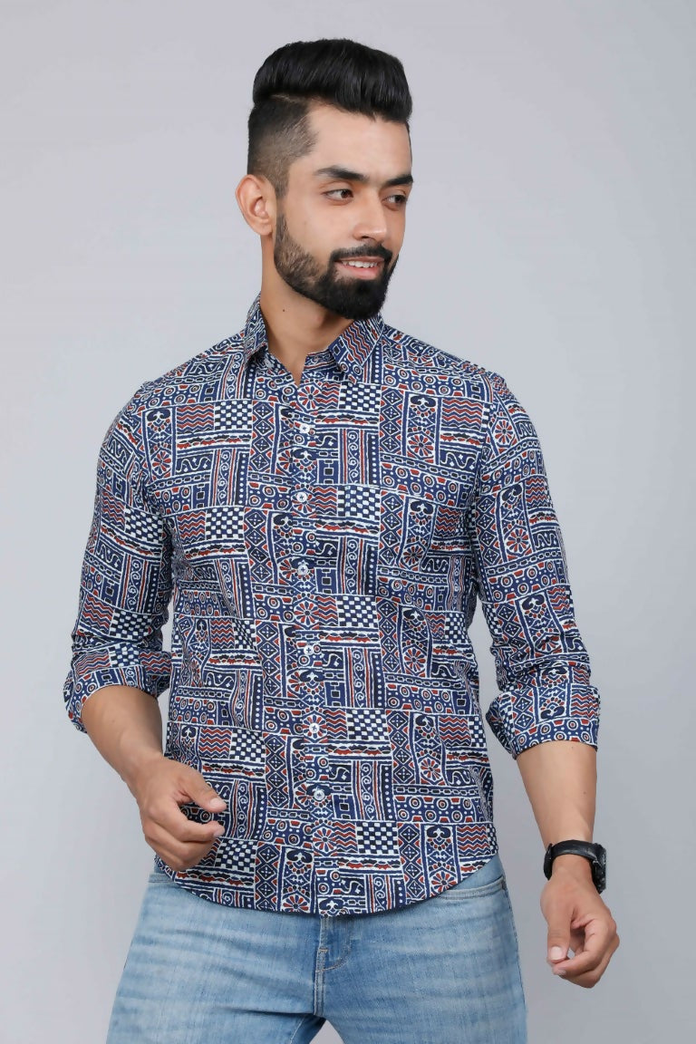 Miravan Men's Blue Floral Print Long Sleeve Casual Shirt